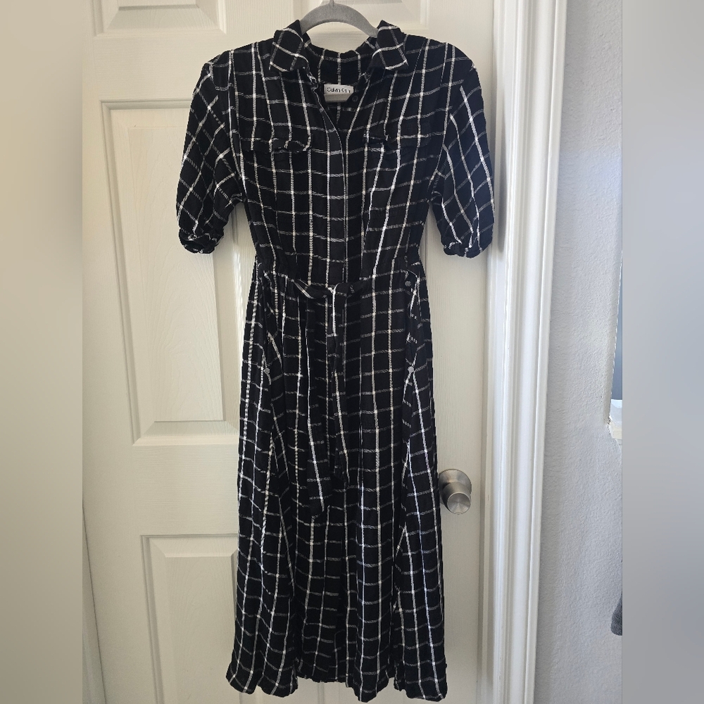 Calvin Klein Black and White Windowpane Maxi Shirt Dress - Picture 2 of 9